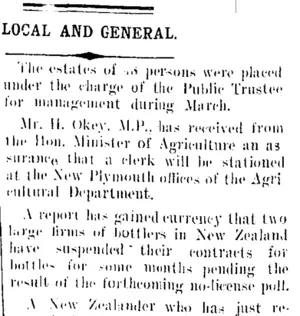 LOCAL AND GENERAL. (Taranaki Daily News 29-4-1908)