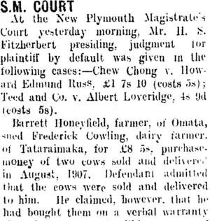 S.M. COURT. (Taranaki Daily News 6-5-1908)