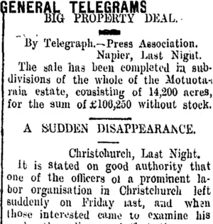 GENERAL TELEGRAMS. (Taranaki Daily News 27-8-1908)