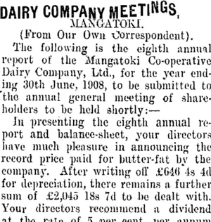 DAIRY COMPANY MEETINGS. (Taranaki Daily News 21-8-1908)