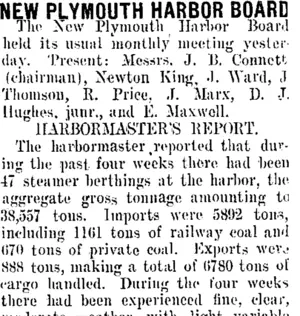 NEW PLYMOUTH HARBOR BOARD (Taranaki Daily News 19-9-1908)