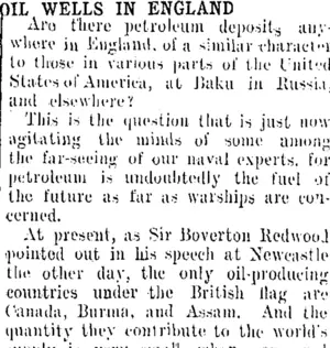 OIL WELLS IN ENGLAND (Taranaki Daily News 26-9-1908)