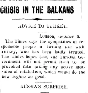 CRISIS IN THE BALKANS (Taranaki Daily News 8-10-1908)