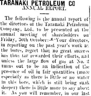 TARANAKI PETROLEUM CO. (Taranaki Daily News 20-10-1908)