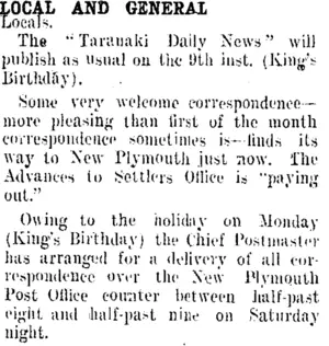 LOCAL AND GENERAL. (Taranaki Daily News 5-11-1908)