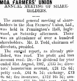 MOA FARMERS' UNION. (Taranaki Daily News 2-11-1908)