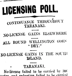 LICENSING POLL. (Taranaki Daily News 18-11-1908)