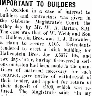 IMPORTANT TO BUILDERS. (Taranaki Daily News 9-12-1908)
