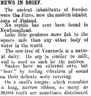 NEWS IN BRIEF. (Taranaki Daily News 9-1-1909)
