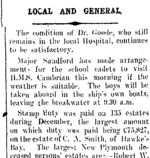 LOCAL AND GENERAL. (Taranaki Daily News 2-1-1909)