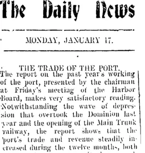 The Daily News. MONDAY, JANUARY 17. THE TRADE OF THE PORT. (Taranaki Daily News 18-1-1909)
