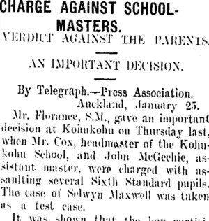 CHARGE AGAINST SCHOOLMASTERS. (Taranaki Daily News 26-1-1909)