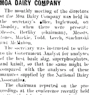 MOA DAIRY COMPANY. (Taranaki Daily News 18-2-1909)