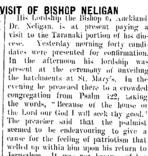 VISIT OF BISHOP NELIGAN. (Taranaki Daily News 29-3-1909)