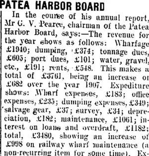 PATEA HARBOR BOARD. (Taranaki Daily News 5-4-1909)