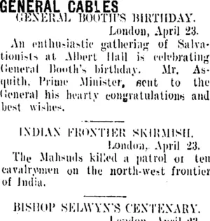 GENERAL CABLES. (Taranaki Daily News 26-4-1909)