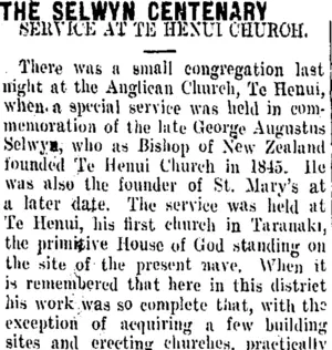 THE SELWYN CENTENARY. (Taranaki Daily News 23-4-1909)
