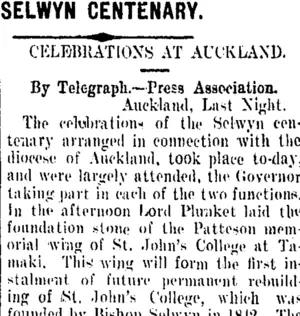 SELWYN CENTENARY. (Taranaki Daily News 21-5-1909)