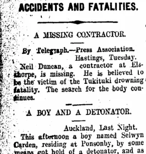 ACCIDENTS AND FATALITIES. (Taranaki Daily News 7-7-1909)
