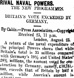 RIVAL NAVAL POWERS. (Taranaki Daily News 26-8-1909)
