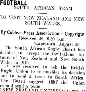 FOOTBALL. (Taranaki Daily News 27-8-1909)