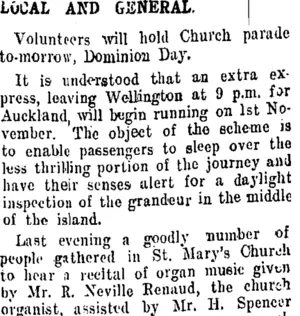 LOCAL AND GENERAL. (Taranaki Daily News 25-9-1909)