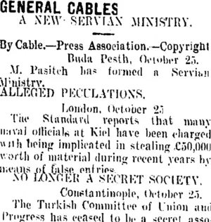 GENERAL CABLES. (Taranaki Daily News 27-10-1909)