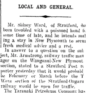LOCAL AND GENERAL. (Taranaki Daily News 28-10-1909)