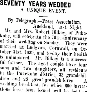 SEVENTY YEARS WEDDED. (Taranaki Daily News 30-10-1909)