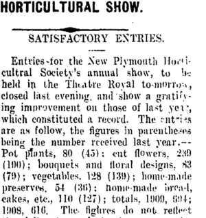 HORTICULTURAL SHOW. (Taranaki Daily News 8-12-1909)