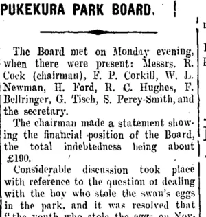 PUKEKURA PARK BOARD. (Taranaki Daily News 8-12-1909)