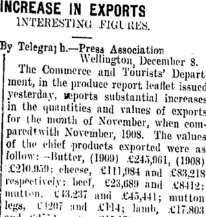 INCREASE IN EXPORTS. (Taranaki Daily News 9-12-1909)