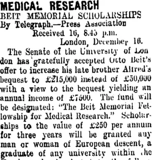 MEDICAL RESEARCH. (Taranaki Daily News 17-12-1909)