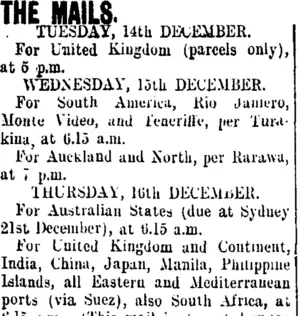 THE MAILS. (Taranaki Daily News 13-12-1909)