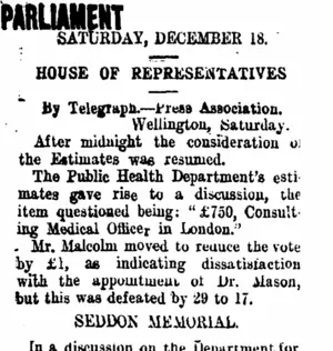 PARLIAMENT (Taranaki Daily News 20-12-1909)
