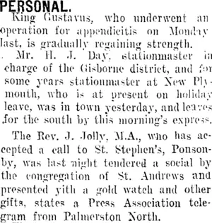 PERSONAL. (Taranaki Daily News 15-2-1910)