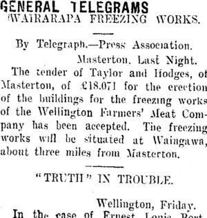 GENERAL TELEGRAMS (Taranaki Daily News 5-3-1910)