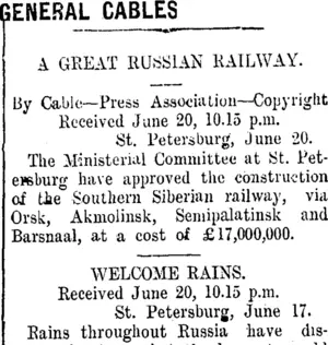 GENERAL CABLES. (Taranaki Daily News 21-6-1910)