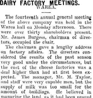 DAIRY FACTORY MEETINGS. (Taranaki Daily News 10-8-1910)