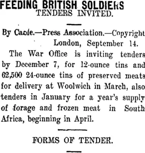 FEEDING BRITISH SOLDIERS. (Taranaki Daily News 16-9-1910)