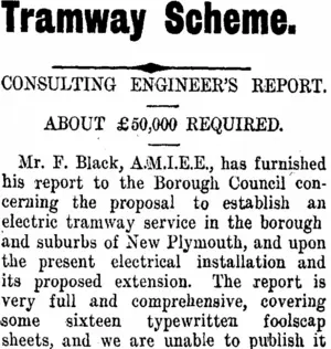 Tramway Scheme. (Taranaki Daily News 16-9-1910)