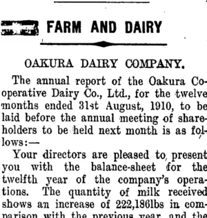 FARM AND DAIRY (Taranaki Daily News 20-9-1910)