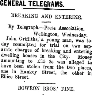GENERAL TELEGRAMS. (Taranaki Daily News 22-9-1910)