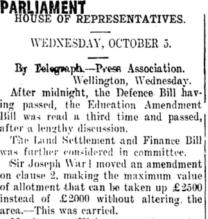 PARLIAMENT (Taranaki Daily News 6-10-1910)
