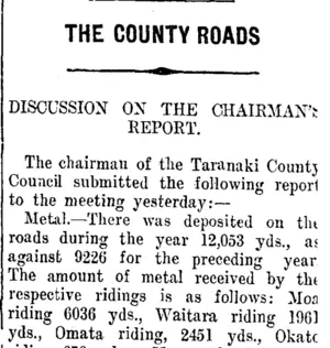 THE COUNTY ROADS (Taranaki Daily News 8-11-1910)