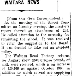 WAITARA NEWS (Taranaki Daily News 9-11-1910)