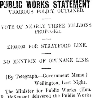 PUBLIC WORKS STATEMENT (Taranaki Daily News 16-11-1910)
