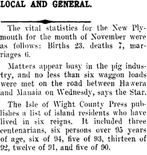LOCAL AND GENERAL. (Taranaki Daily News 2-12-1910)