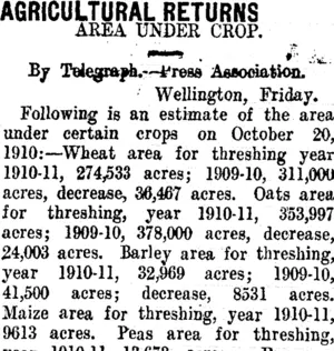 AGRICULTURAL RETURNS (Taranaki Daily News 24-12-1910)