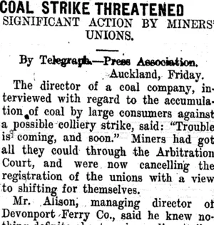 COAL STRIKE THREATENED (Taranaki Daily News 31-12-1910)